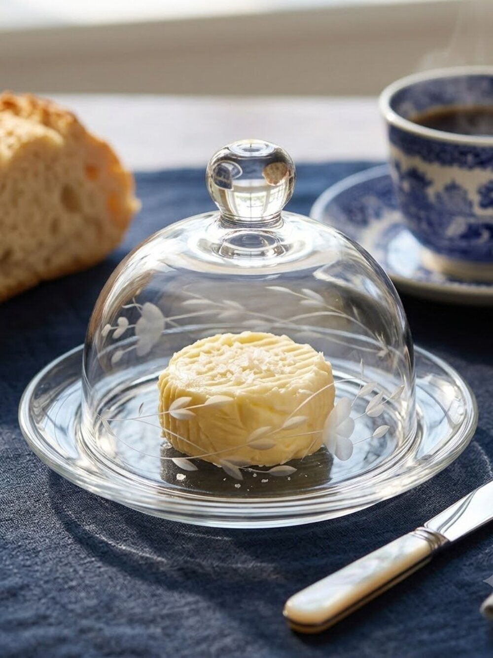 Dome covered butter dish cheese dish etched glass vintage